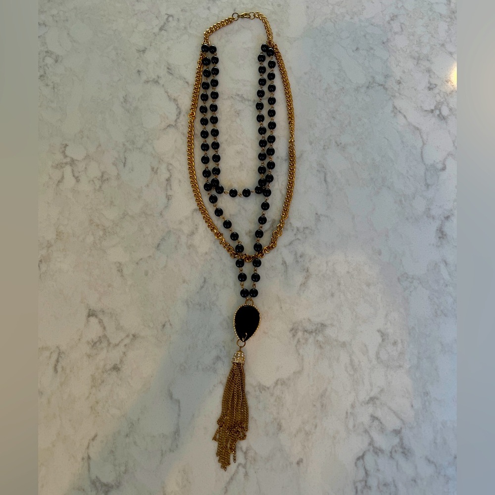 Black beaded tassel long necklace